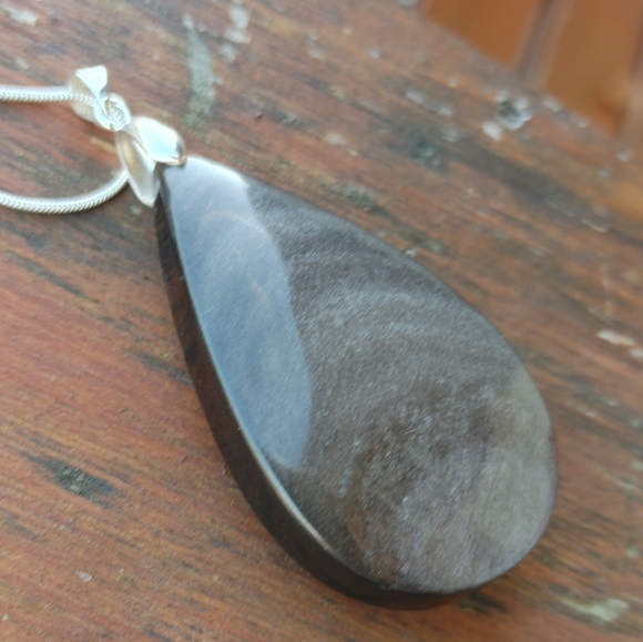 Large Black Obsidion Gemstone Pendant (2.5") -  w/ 925 Silver Overlay Chain - Picture 4 of 14